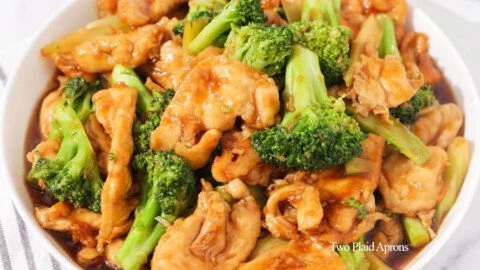 Stir-fried Chinese chicken with broccoli served on a plate