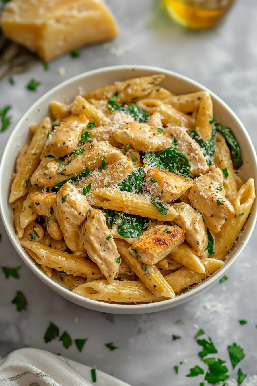 Healthy garlic parmesan chicken pasta dish with herbs and creamy sauce