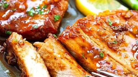 Honey-Garlic Boneless Pork Chops served on a plate