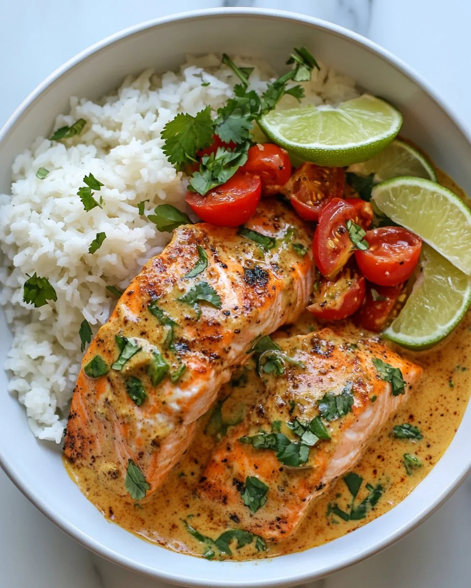 One-Pan Coconut Curry Salmon served with vibrant vegetables and spices